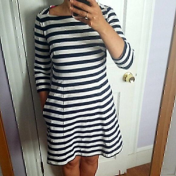 ELIZA J Navy Blue White Striped Square Neck 3/4 Sleeve Mini Fit & Flare Dress 8 - Picture 2 of 12